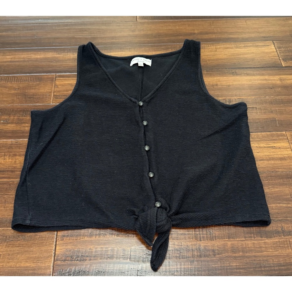 Madewell Texture & Thread Black Ribbed Button Front Tie Hem Tank Top XL